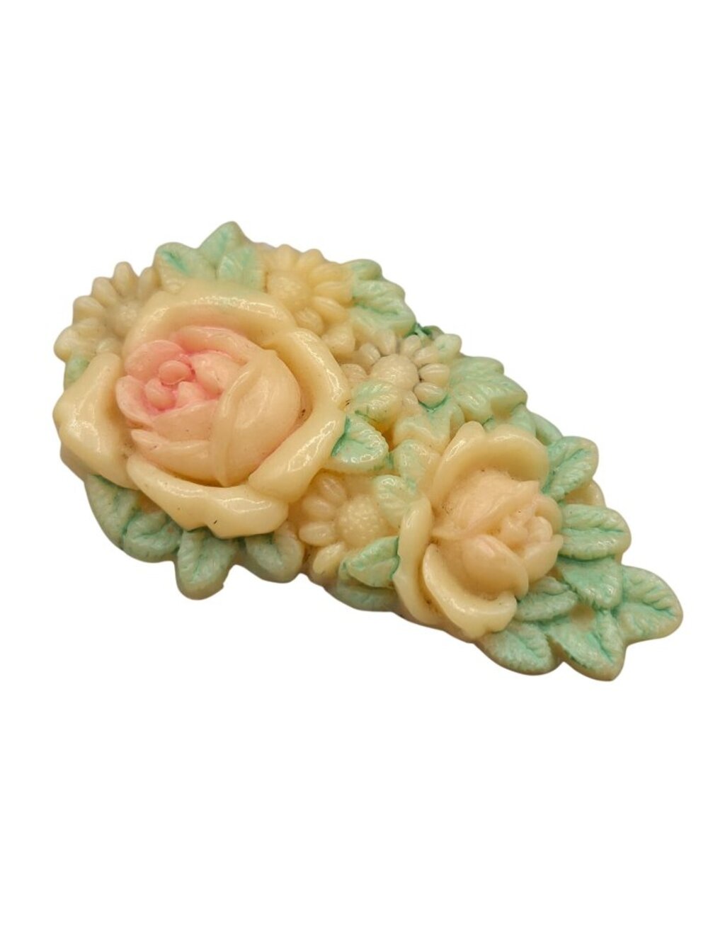 Vintage Celluloid Roses Spray Floral Shoe Clip Fur Clip Cream Pink Green Japan